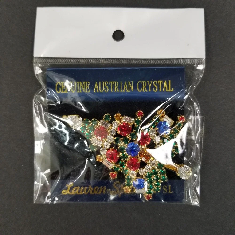 Lauren Spencer Austrian Crystal Christmas Tree Brooch Gold Tone‎ Holiday Pin